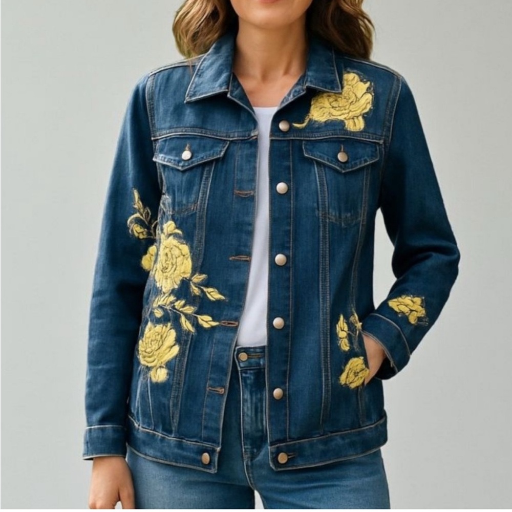 Lularoe Jean Jacket Womens with Gold Embroidery Flowers Size XS - Picture 8 of 9